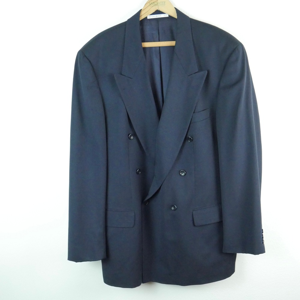 Hugo Boss Navy Blue Double Breasted Wool Blazer Jacket 44R Vintage Oversized 90s